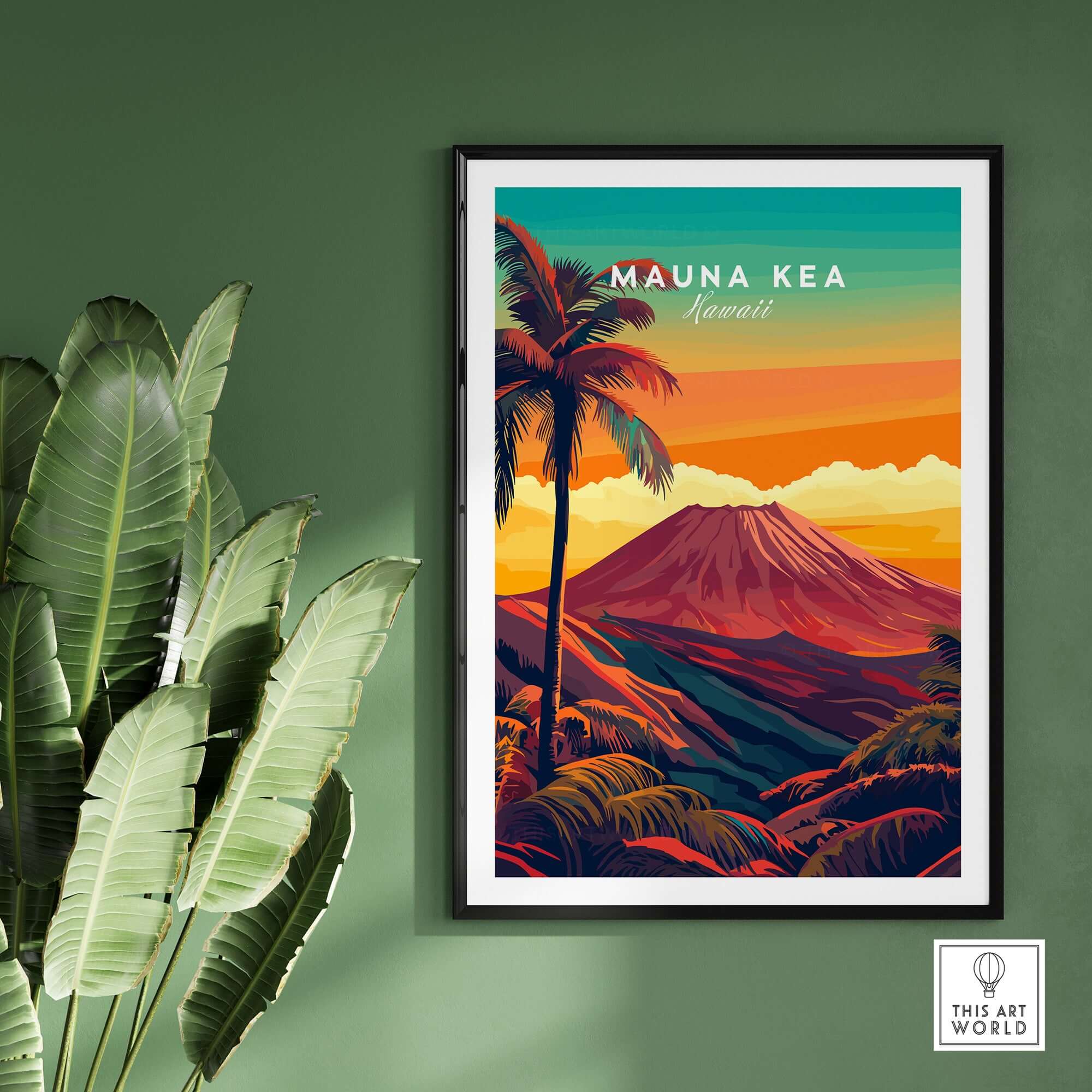 Mauna Kea Hawaii Art Print - Volcanic Mountain Poster, Palm Tree Island displayed on a green wall.