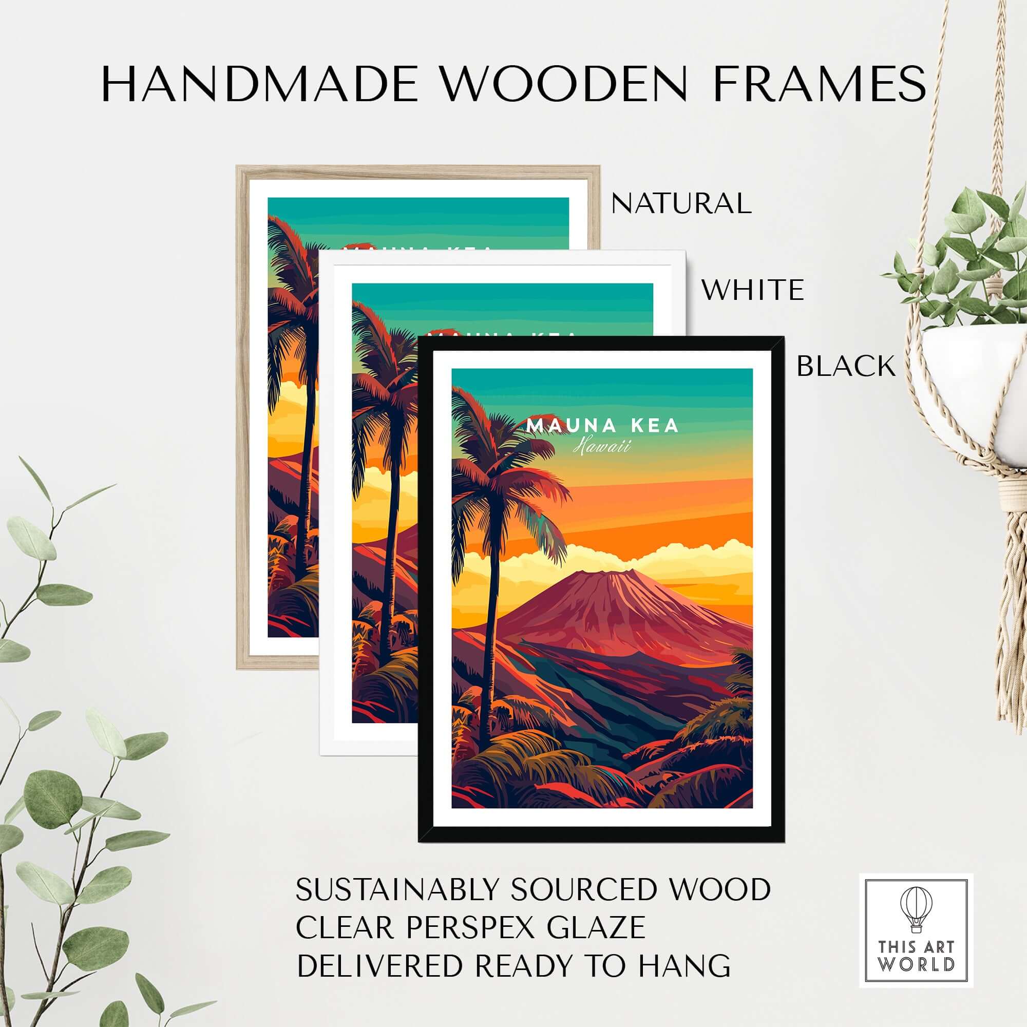 Mauna Kea Hawaii Art Print - Volcanic Mountain Poster, Palm Tree Island framed in natural, white, and black frames.