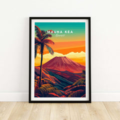 Mauna Kea Hawaii Art Print - Volcanic Mountain Poster, Palm Tree Island featuring vibrant colors and a serene landscape.
