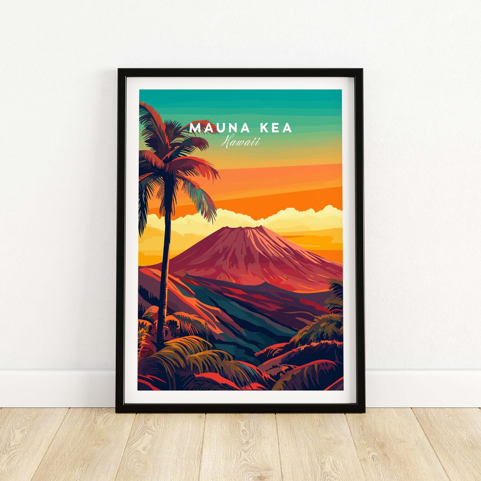 Mauna Kea Hawaii Art Print - Volcanic Mountain Poster, Palm Tree Island featuring vibrant colors and a serene landscape.