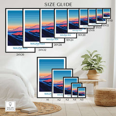 Mauna Kea Volcano Poster - Big Island Wall Art, Hawaii Travel Decor size guide featuring various frame sizes in an interior setting.