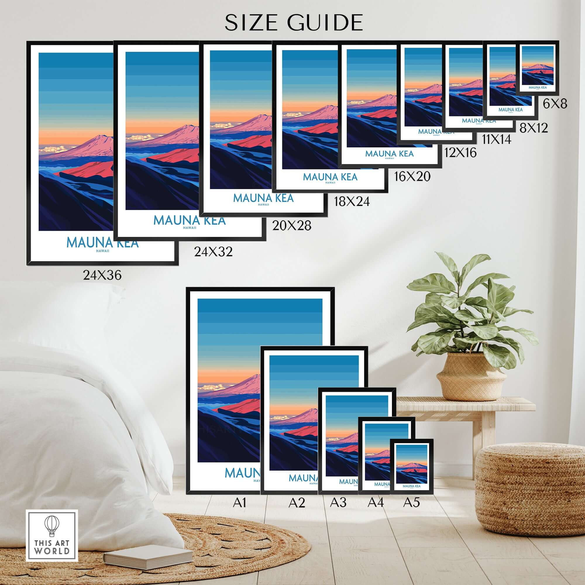 Mauna Kea Volcano Poster - Big Island Wall Art, Hawaii Travel Decor size guide featuring various frame sizes in an interior setting.