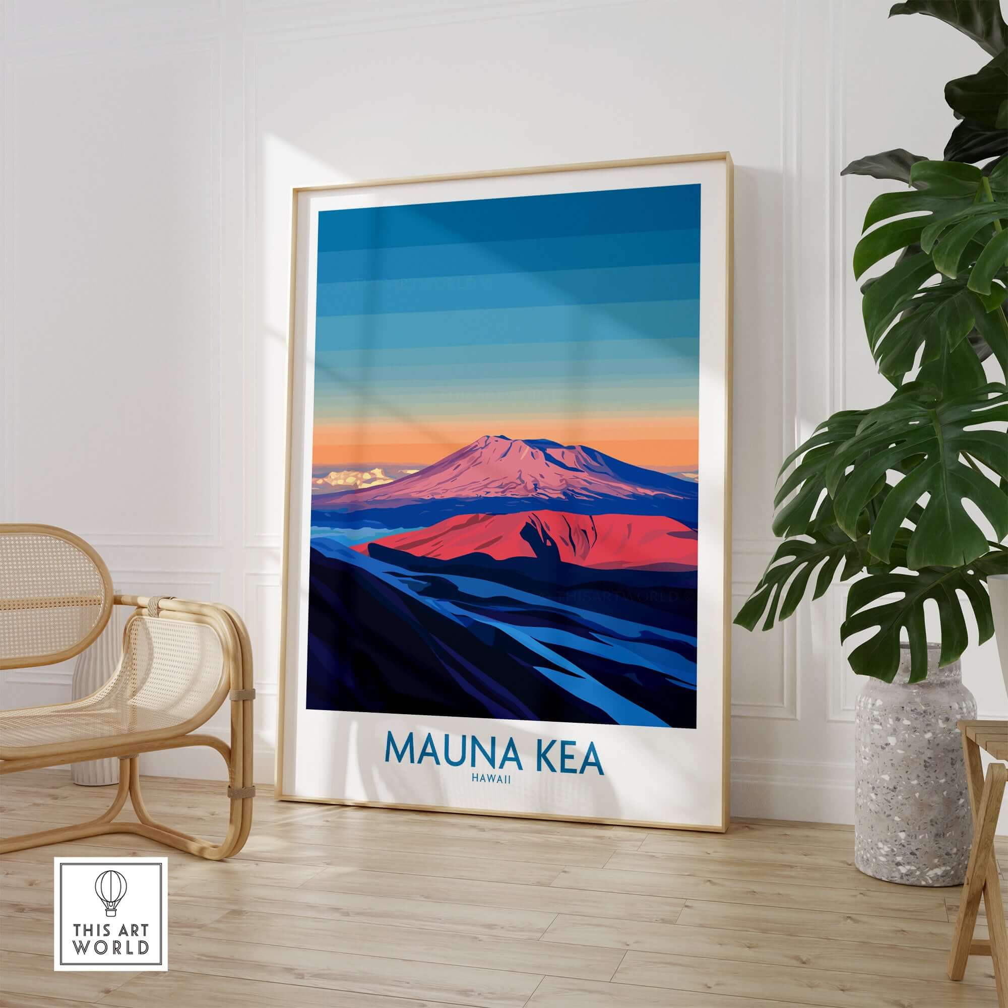 Mauna Kea Volcano Poster - Big Island Wall Art, Hawaii Travel Decor displayed in a stylish interior with plants.
