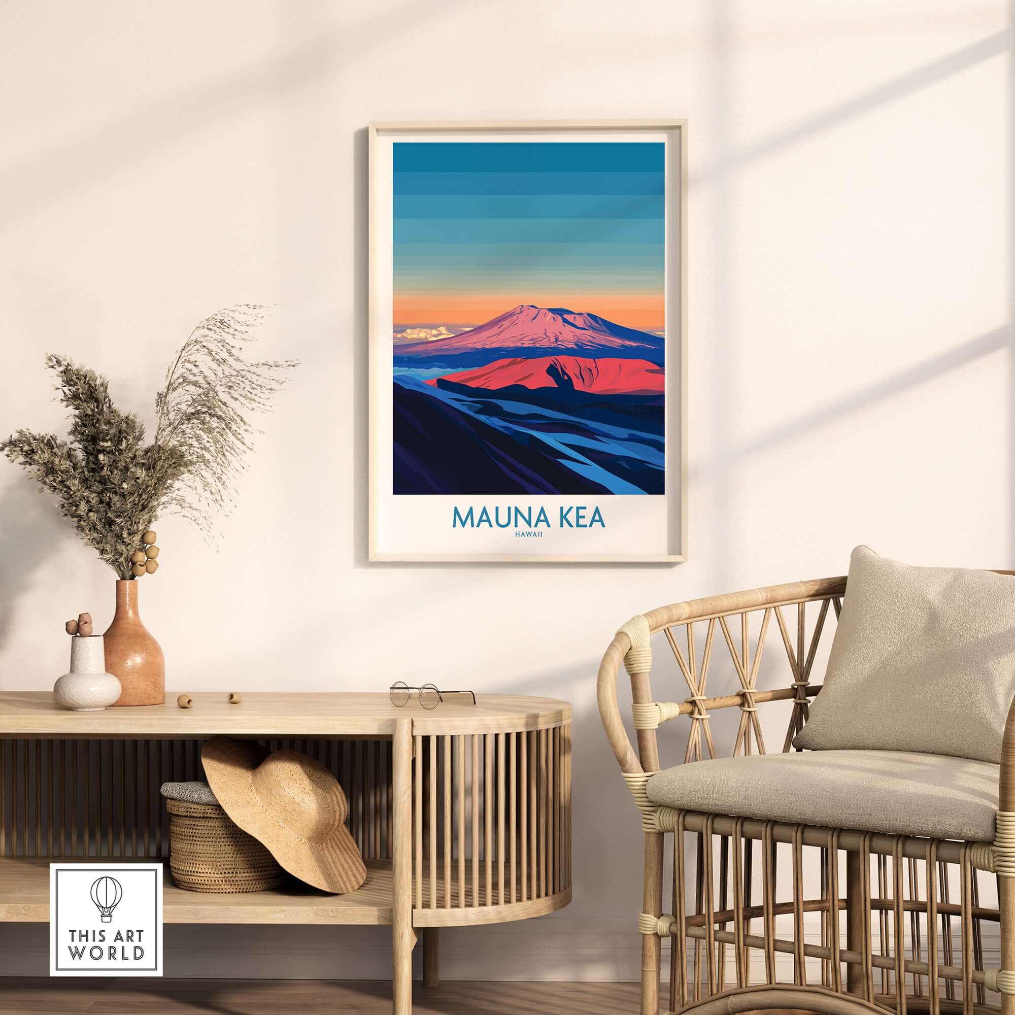 Mauna Kea Volcano Poster - Big Island Wall Art, Hawaii Travel Decor displayed in a modern living room setting.