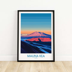 Mauna Kea Volcano Poster - Big Island Wall Art, Hawaii Travel Decor framed on a wall, showcasing vibrant colors and style.