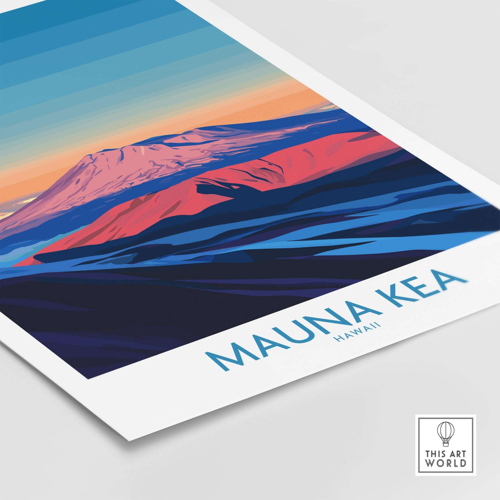 Mauna Kea Volcano Poster - Big Island Wall Art, Hawaii Travel Decor showcasing a vibrant depiction of Mauna Kea.