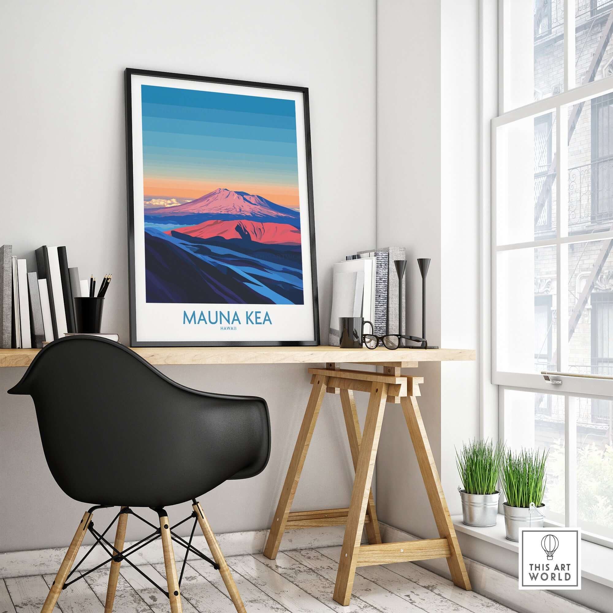 Mauna Kea Volcano Poster - Big Island Wall Art, Hawaii Travel Decor displayed in a modern workspace with stylish decor.