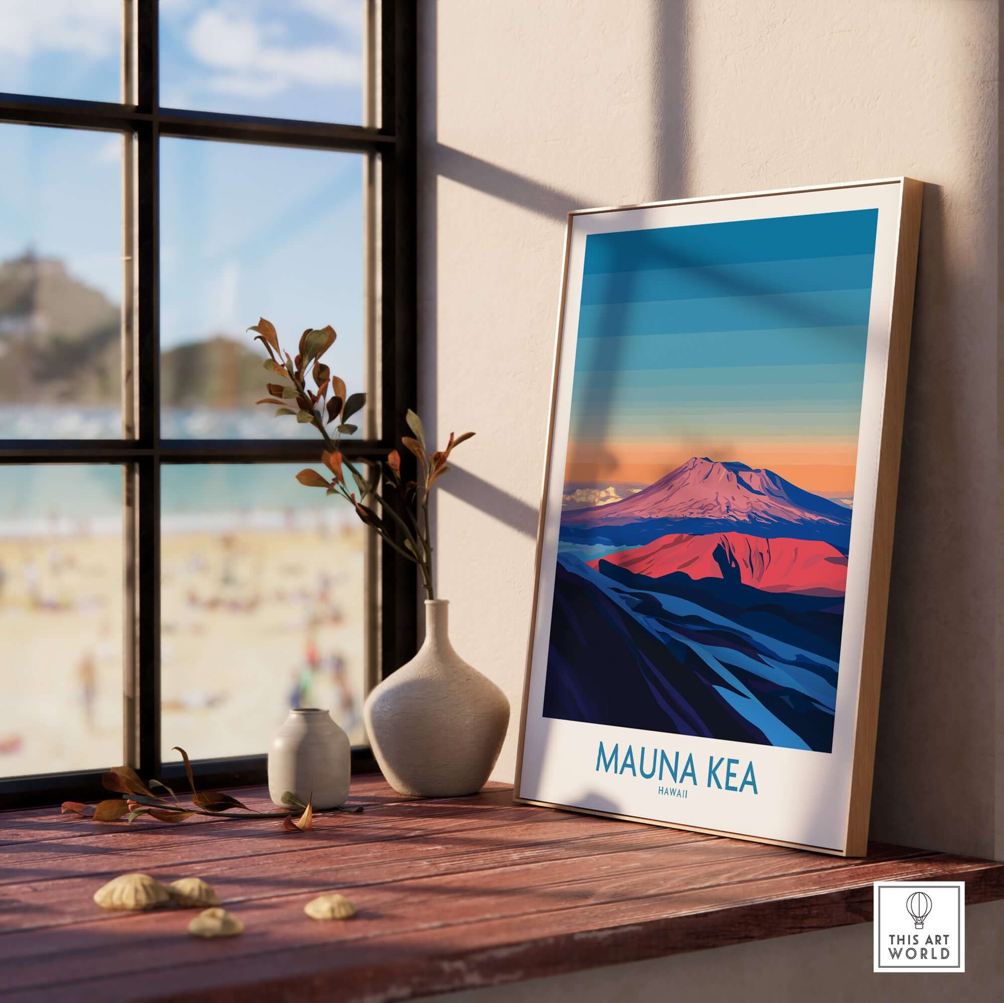 Mauna Kea Volcano Poster - Big Island Wall Art, Hawaii Travel Decor displayed by a window with a beach view.