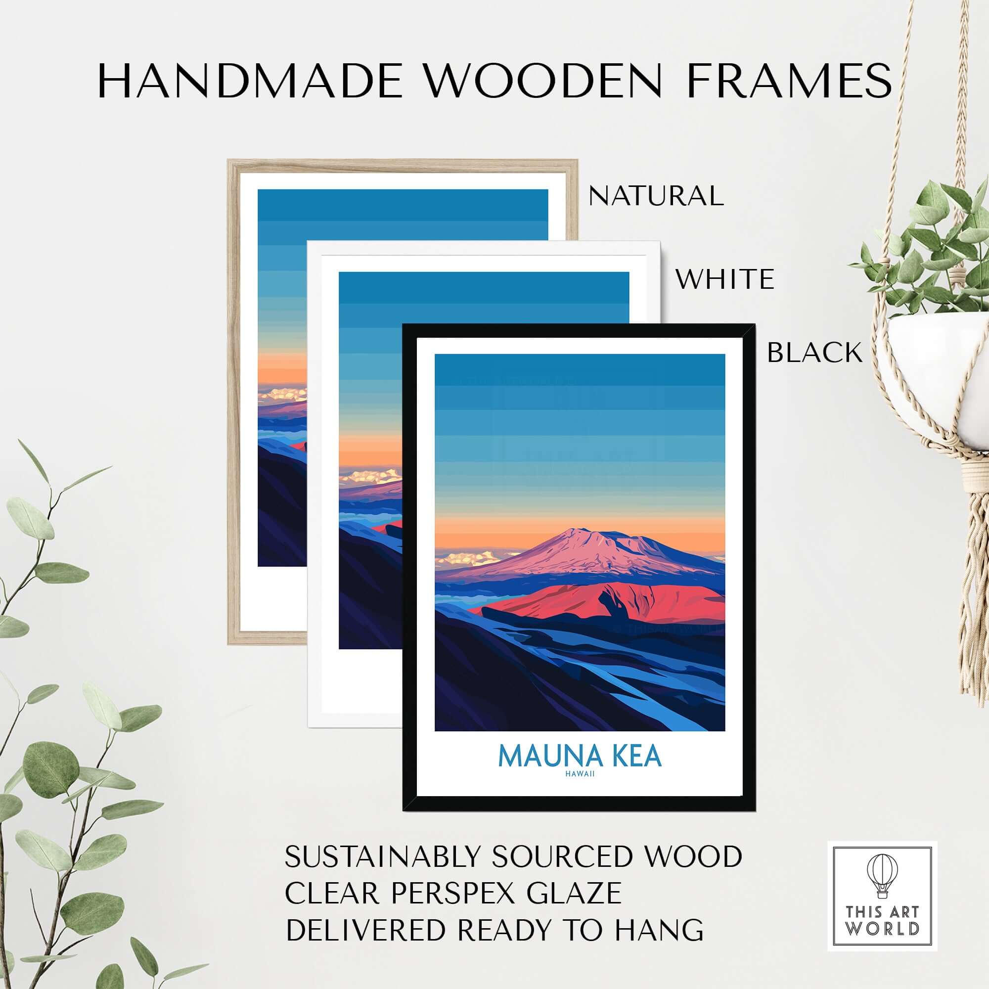 Mauna Kea Volcano Poster - Big Island Wall Art, Hawaii Travel Decor in handmade wooden frames.