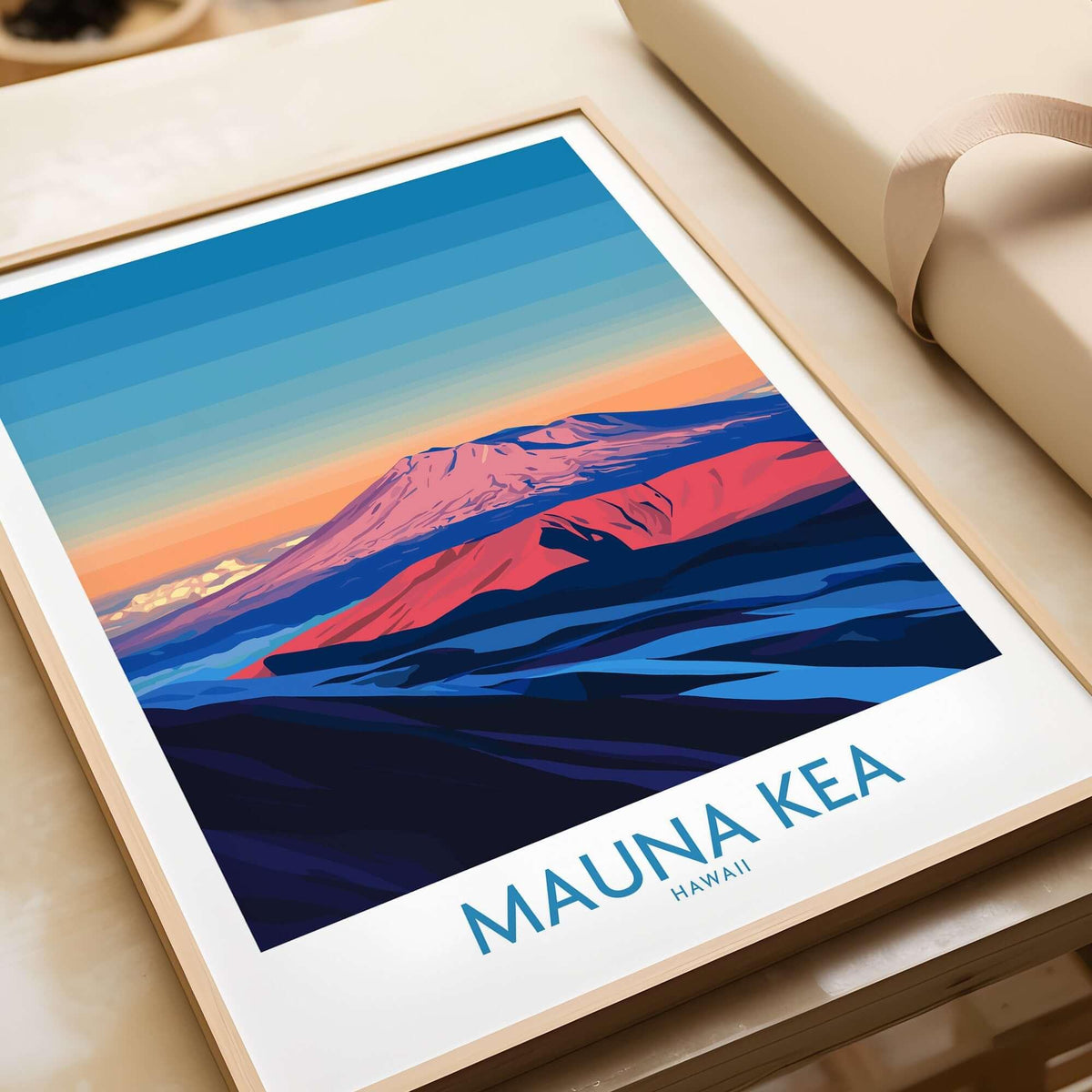 Mauna Kea Volcano Poster - Big Island Wall Art, Hawaii Travel Decor showcasing a stylized depiction of Mauna Kea.