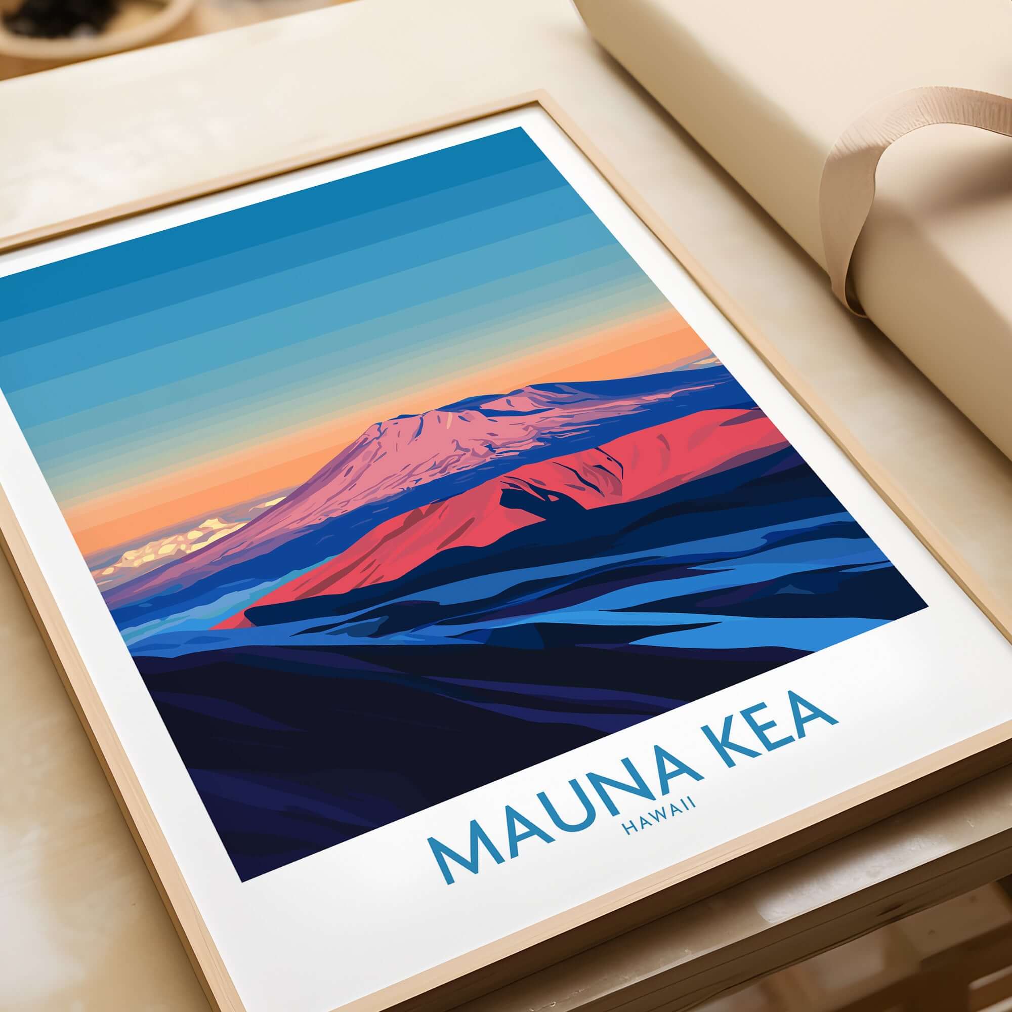 Mauna Kea Volcano Poster - Big Island Wall Art, Hawaii Travel Decor showcasing a stylized depiction of Mauna Kea.
