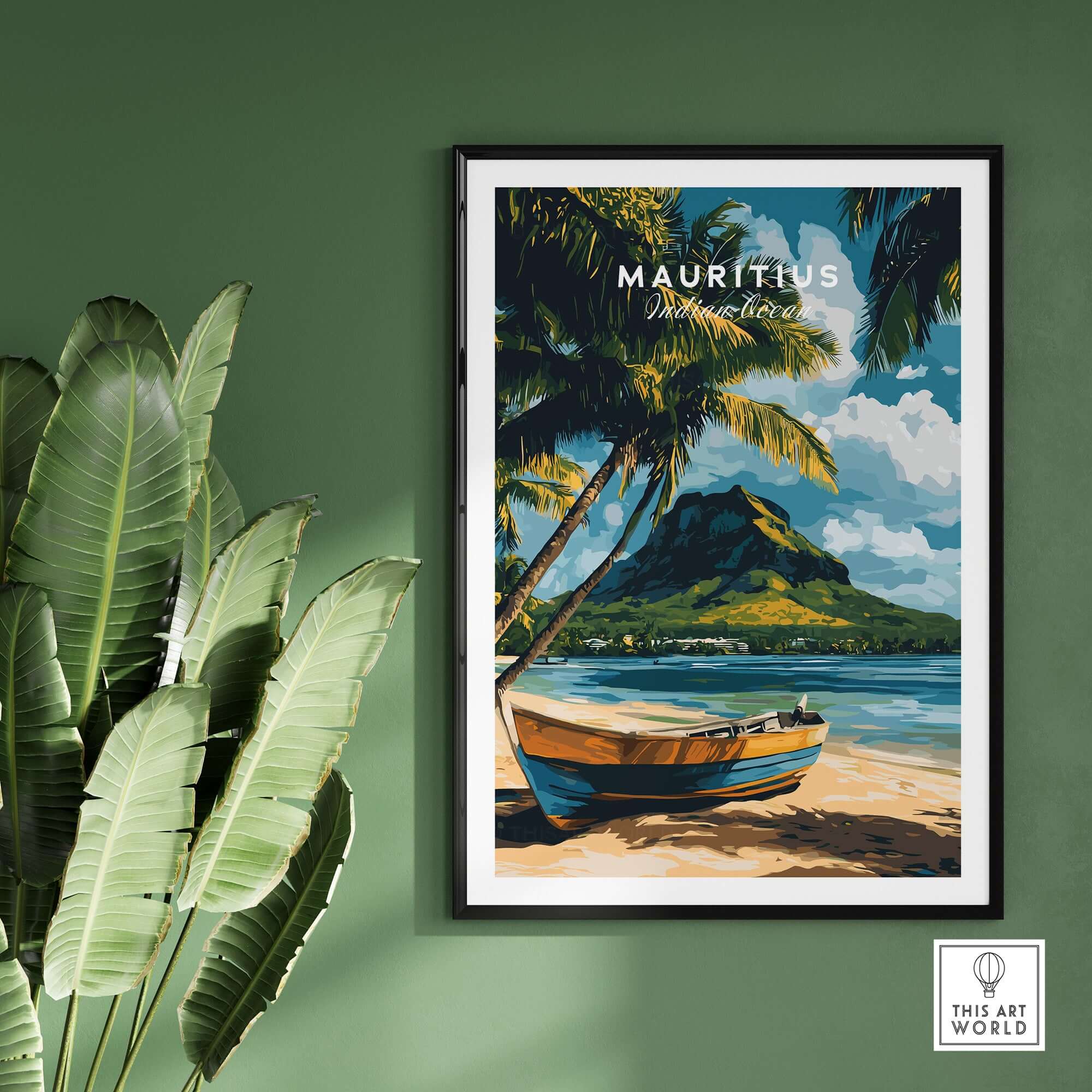 Mauritius Beach Art Print - Tropical Island Poster for Sale featuring a colorful boat and scenic mountain backdrop.