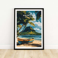 Mauritius Beach Art Print - Tropical Island Poster for Sale featuring a colorful boat, palm trees, and a scenic beach.