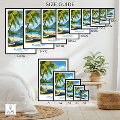 Mauritius Beach Poster - Tropical Island Art for Sale, Seashore Landscape size guide with various print dimensions.