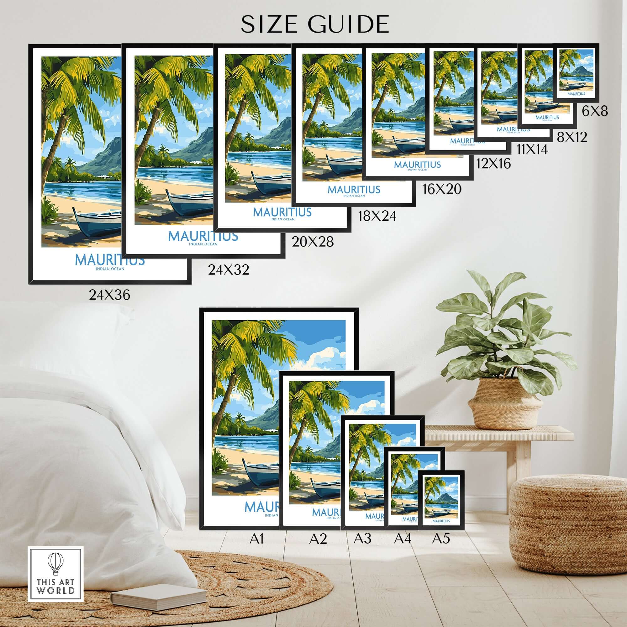 Mauritius Beach Poster - Tropical Island Art for Sale, Seashore Landscape size guide with various print dimensions.