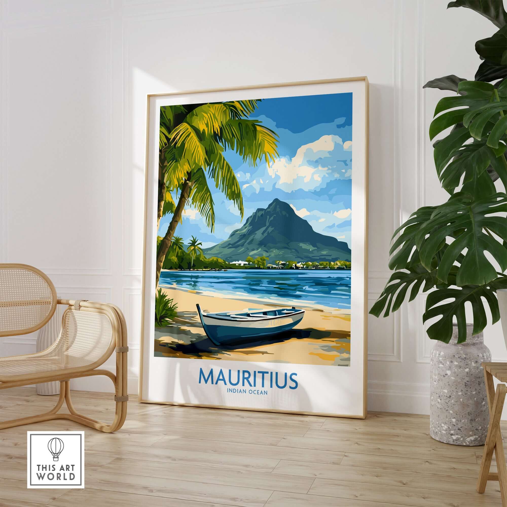 Mauritius Beach Poster - Tropical Island Art for Sale, Seashore Landscape featuring a boat and palm trees by the ocean.