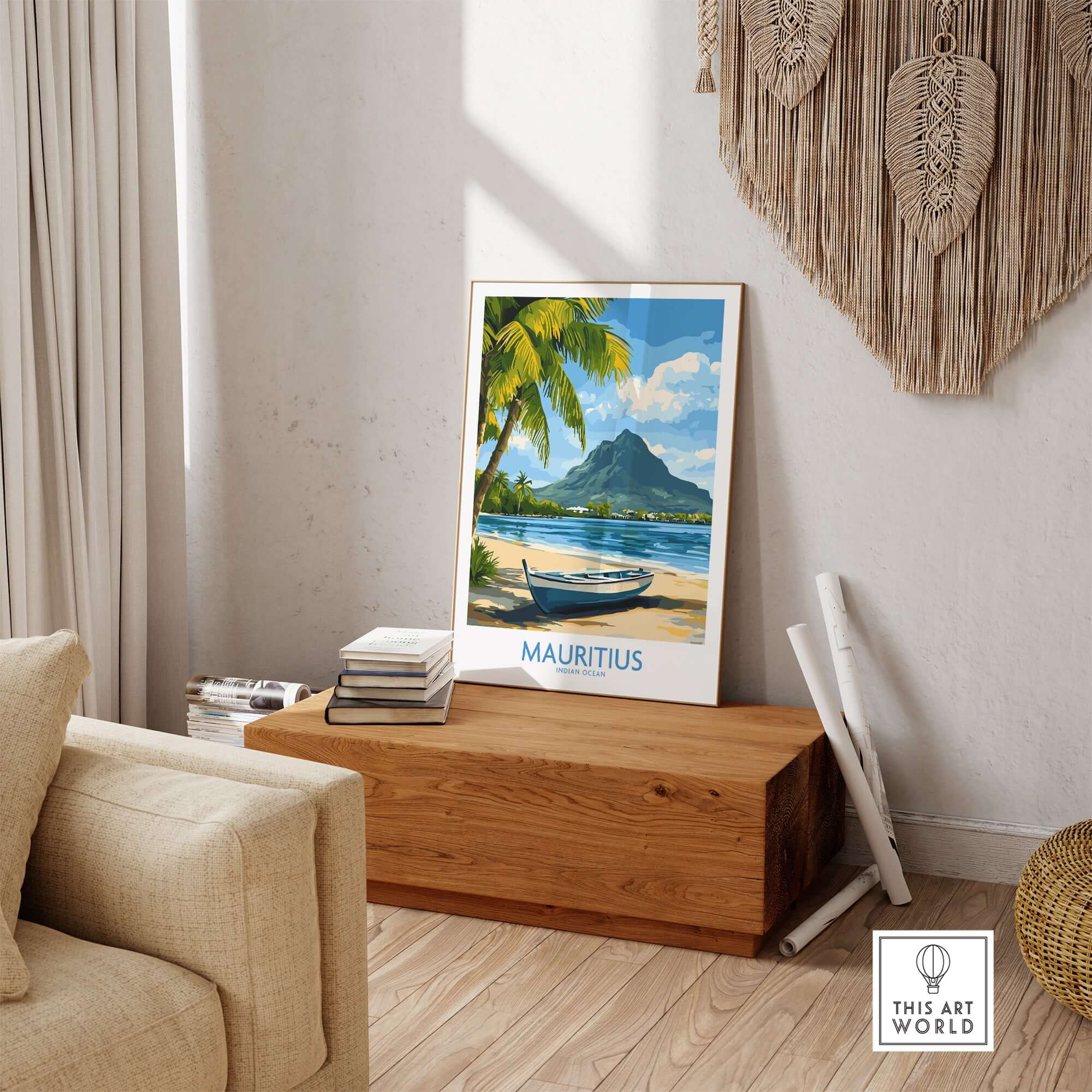 Mauritius Beach Poster - Tropical Island Art for Sale, Seashore Landscape displayed in a stylish room with palm trees and a boat.