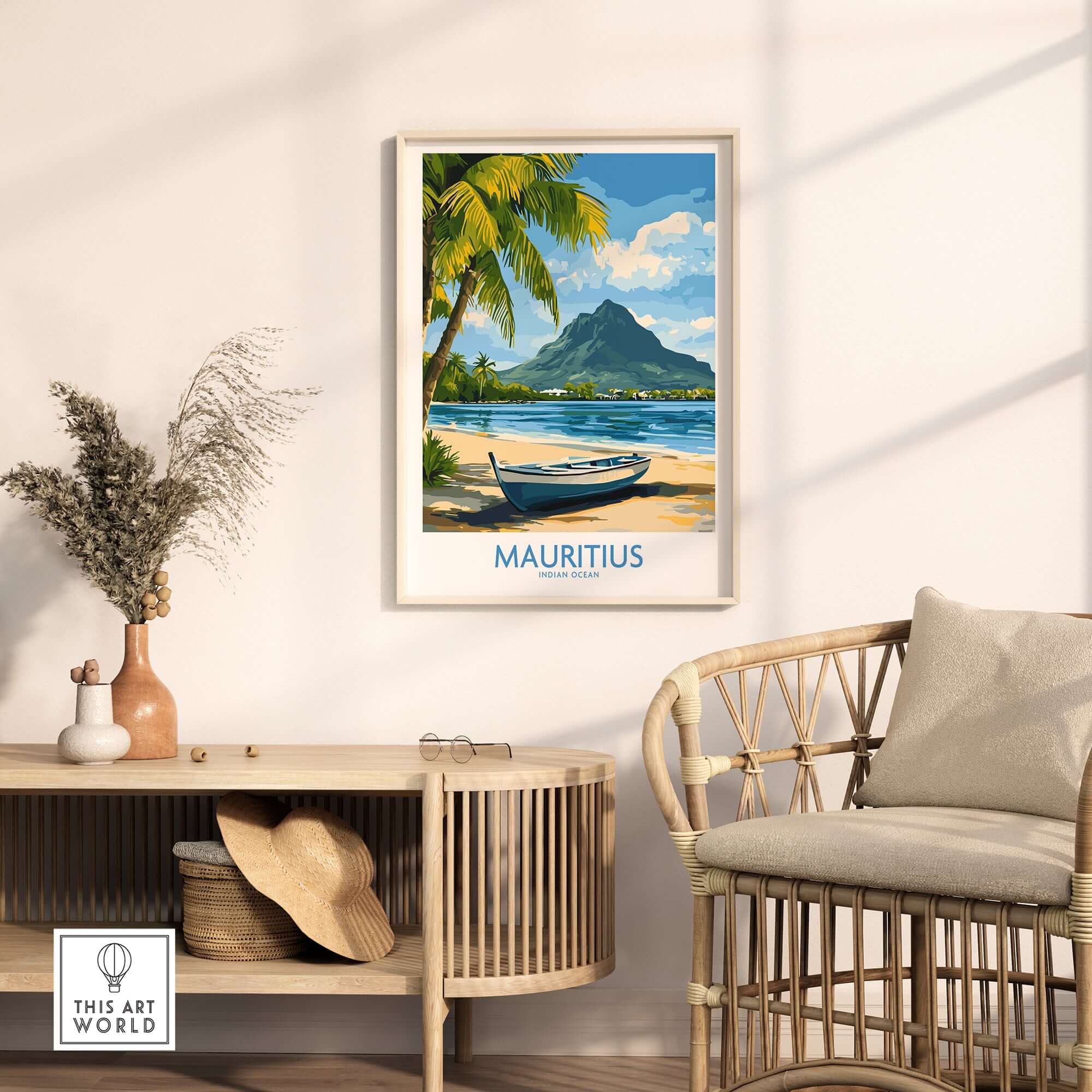 Mauritius Beach Poster - Tropical Island Art for Sale, Seashore Landscape in stylish interior decor.