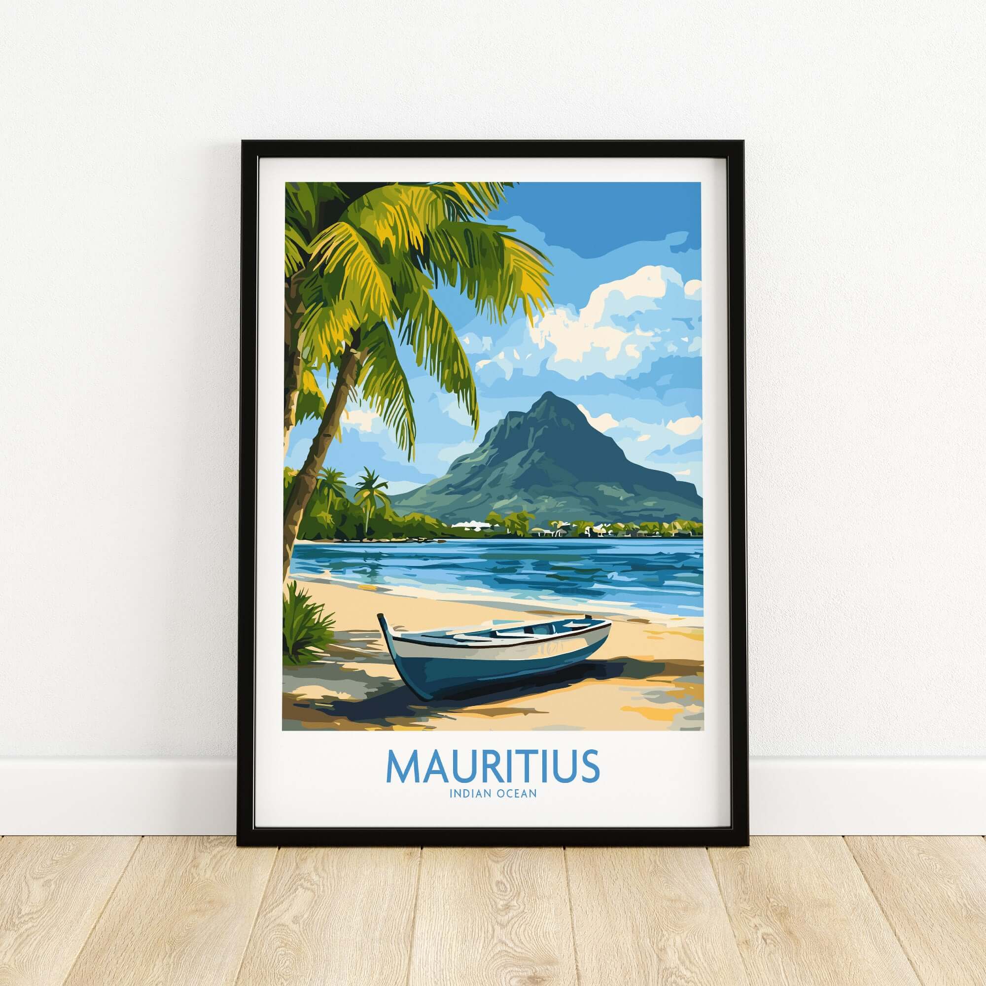 Mauritius Beach Poster - Tropical Island Art for Sale, Seashore Landscape featuring a serene seascape with palm trees.