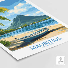 Mauritius Beach Poster - Tropical Island Art for Sale, Seashore Landscape featuring a seascape with a boat and mountains.