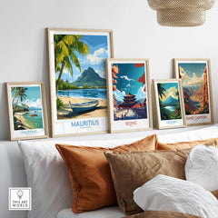 Mauritius Beach Poster - Tropical Island Art for Sale, Seashore Landscape displayed among framed travel posters.