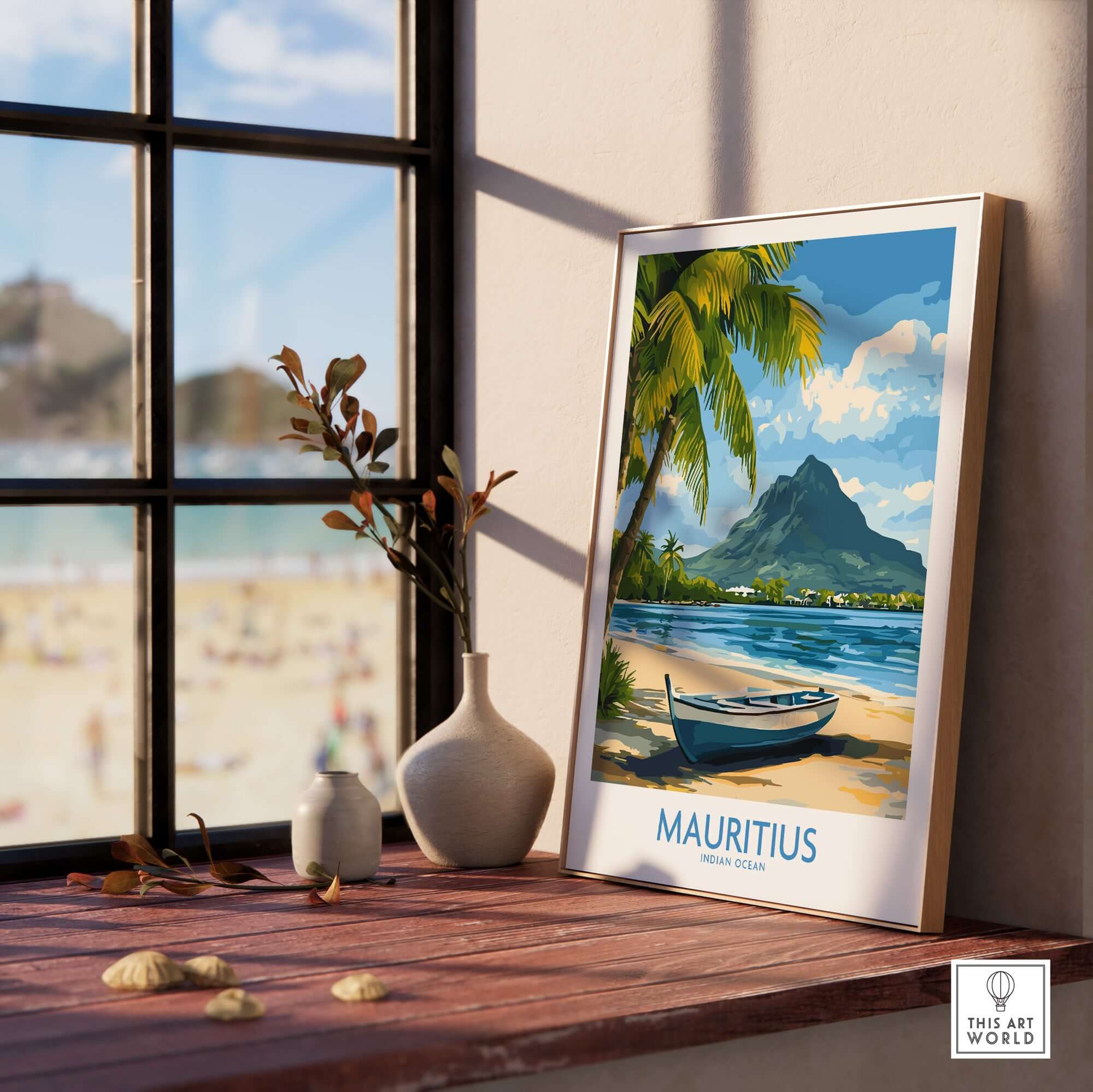 Mauritius Beach Poster - Tropical Island Art for Sale, Seashore Landscape on display near a window.