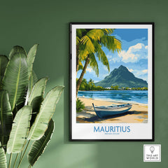 Mauritius Beach Poster - Tropical Island Art for Sale, Seashore Landscape featuring a tranquil beach and palm trees.