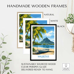 Mauritius Beach Poster - Tropical Island Art for Sale, Seashore Landscape displayed in handmade wooden frames.