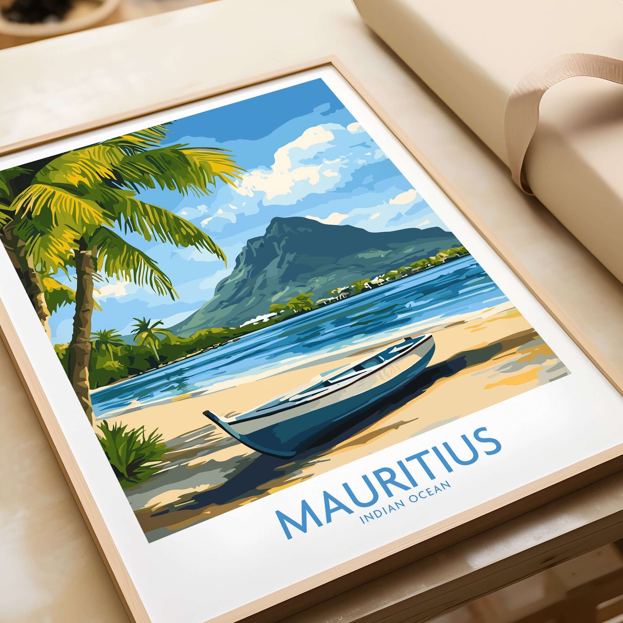 Mauritius Beach Poster - Tropical Island Art for Sale, Seashore Landscape featuring a serene beach scene.