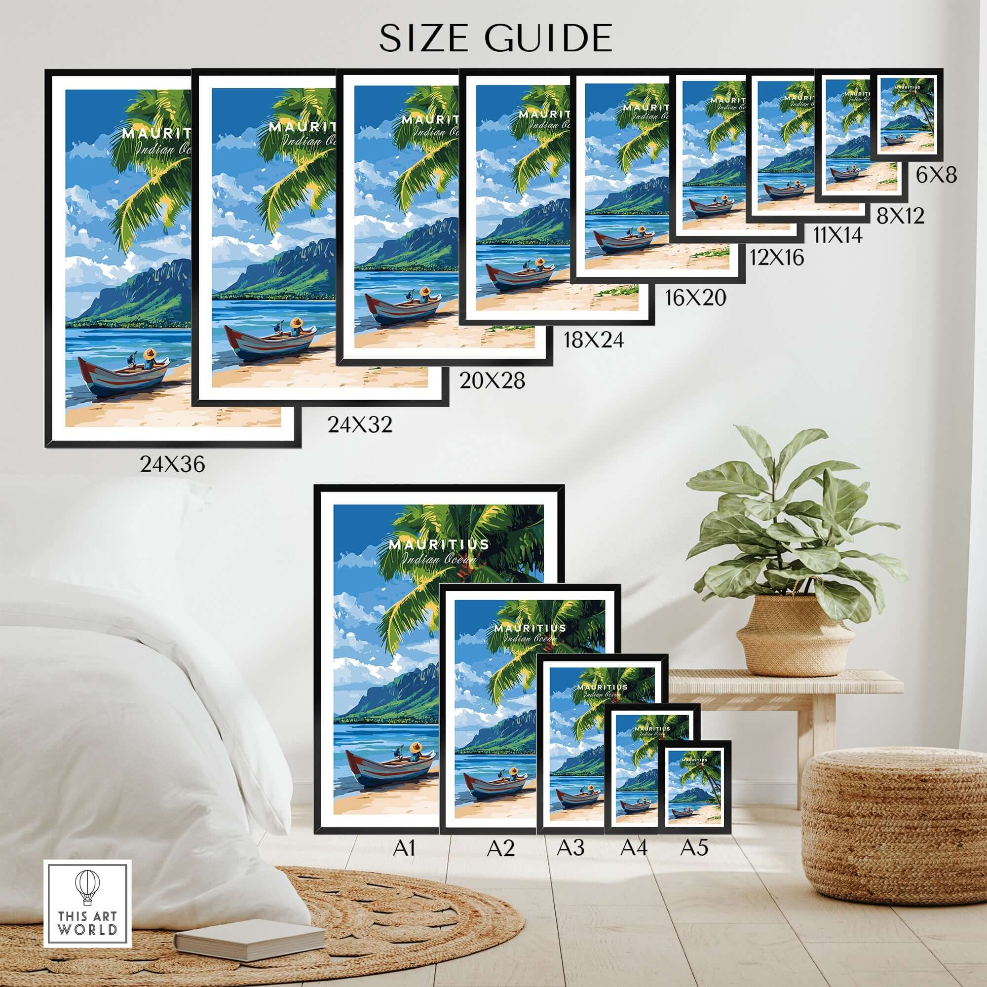 Mauritius Beach Wall Art Print size guide showcasing different frame sizes in a stylish home setting.