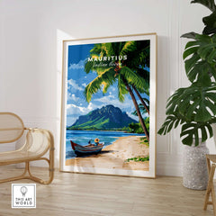 Mauritius Beach Wall Art Print featuring a tropical scene with palms and a boat on the beach.