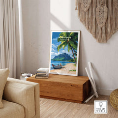 Mauritius Beach Wall Art Print showcasing tropical scenery with palm trees and a tranquil beach setting.