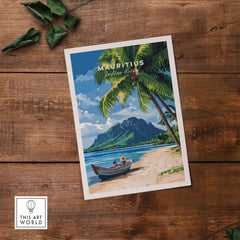 Mauritius Beach Wall Art Print featuring a boat and palm trees with a scenic mountain backdrop.