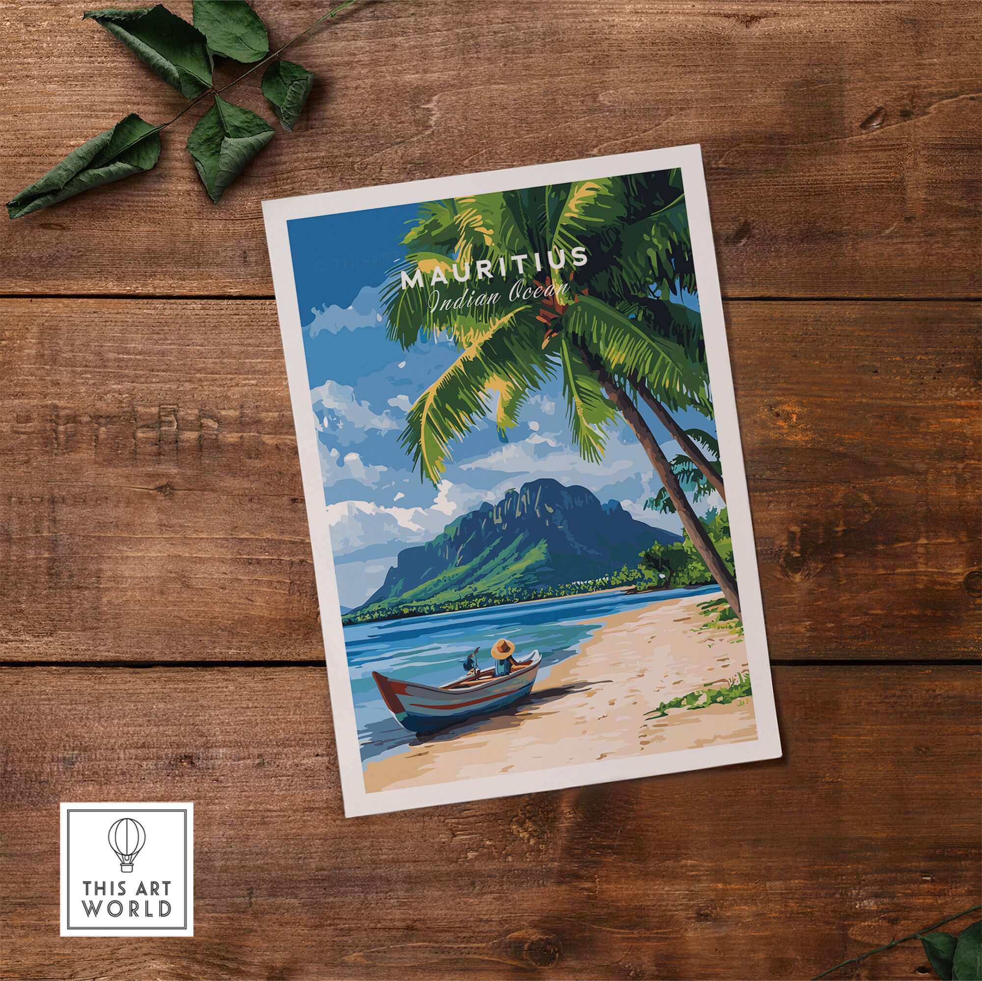 Mauritius Beach Wall Art Print featuring a boat and palm trees with a scenic mountain backdrop.