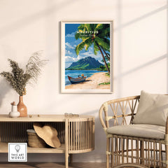 Mauritius Beach Wall Art Print showcasing a tropical scene with a boat and palm trees in a beautiful setting.