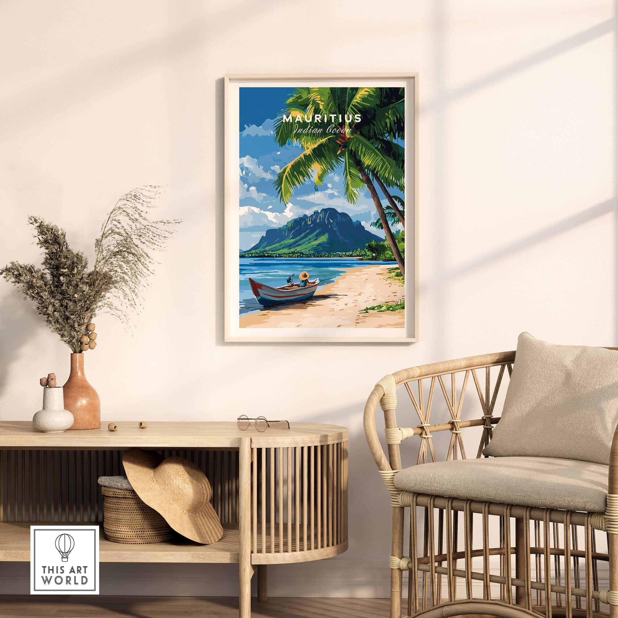 Mauritius Beach Wall Art Print showcasing a tropical scene with a boat and palm trees in a beautiful setting.