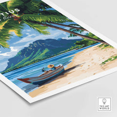 Mauritius Beach Wall Art Print featuring a serene boat scene with palm trees and mountains in the background.
