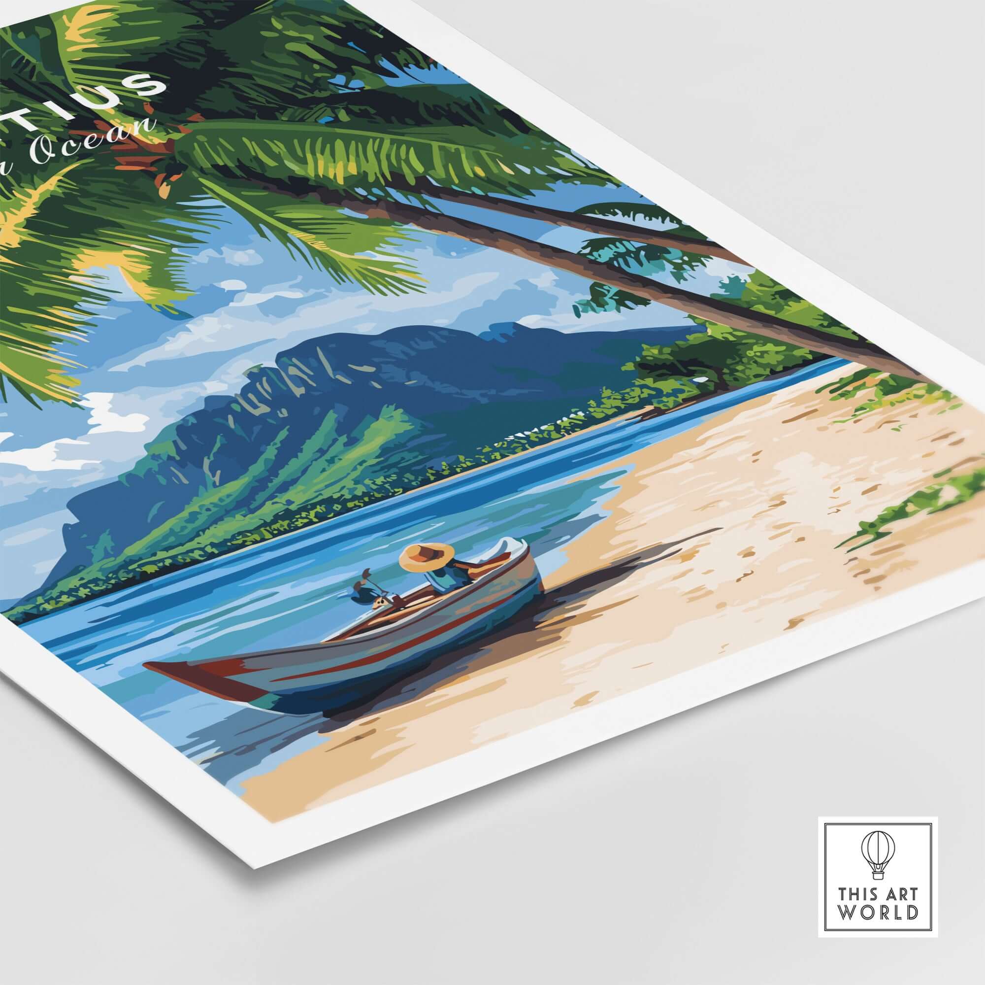 Mauritius Beach Wall Art Print featuring a serene boat scene with palm trees and mountains in the background.