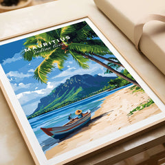 Mauritius Beach Wall Art Print featuring palm trees, clear waters, and a boat on sandy beach.
