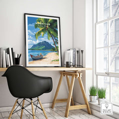 Mauritius Beach Wall Art Print displayed in a stylish interior setting with a desk and chair.