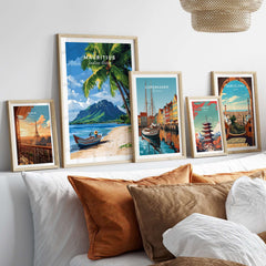 Mauritius Beach Wall Art Print displayed in a stylish home setting with other travel-themed prints.