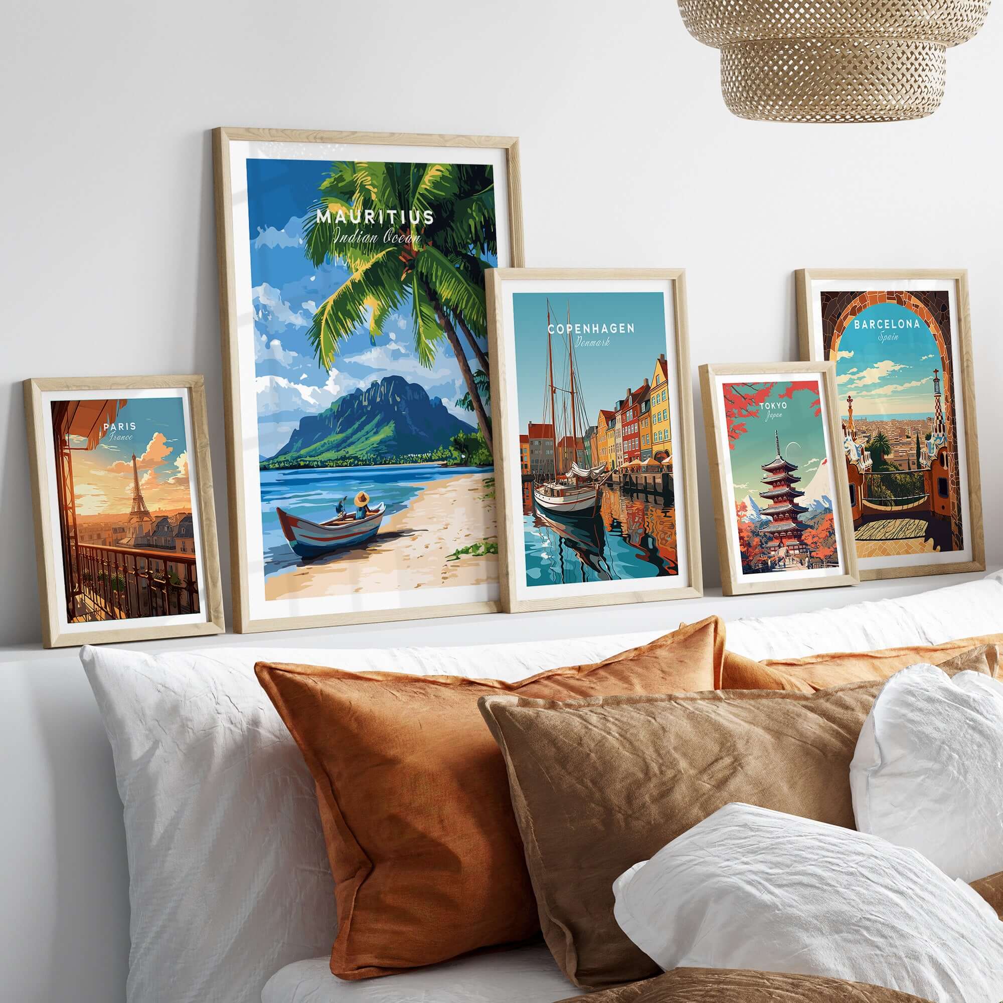 Mauritius Beach Wall Art Print displayed in a stylish home setting with other travel-themed prints.