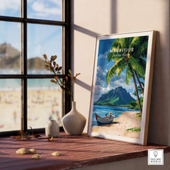 Mauritius Beach Wall Art Print featuring a scenic view with palm trees and a boat near the beach.