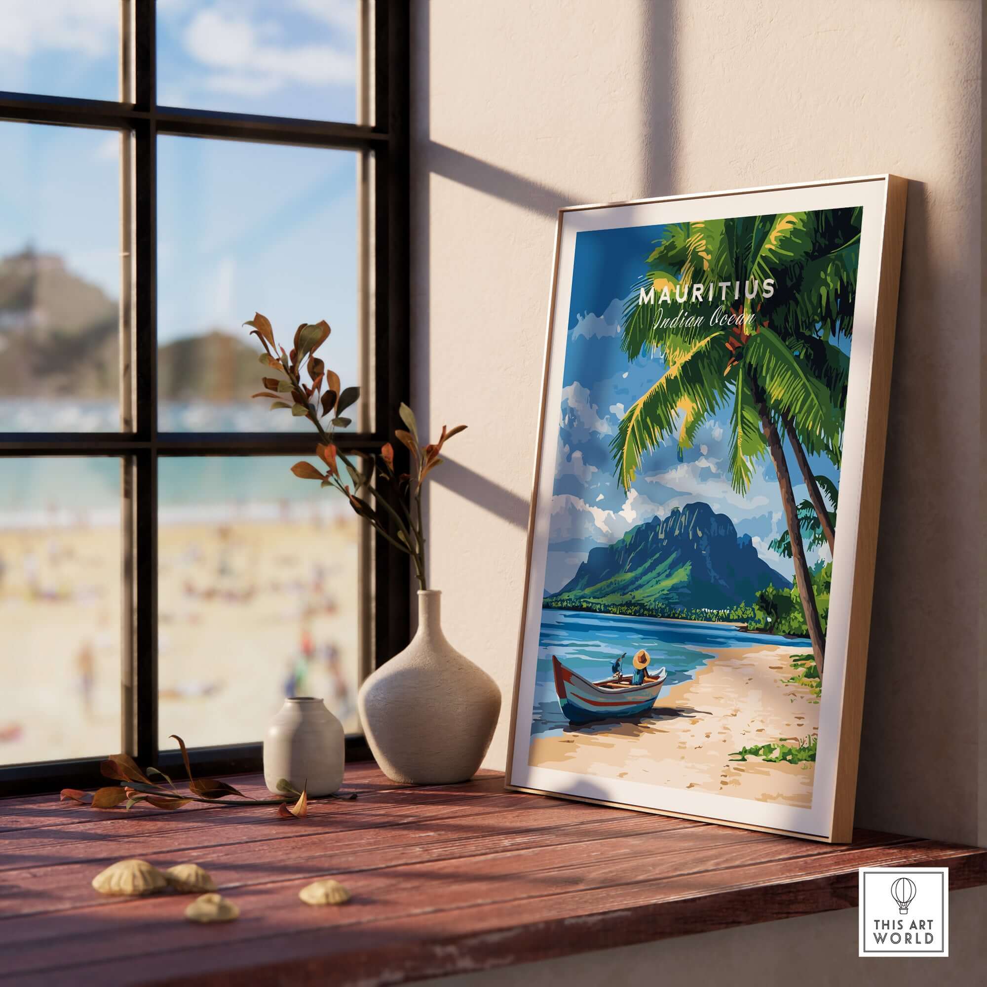 Mauritius Beach Wall Art Print featuring a scenic view with palm trees and a boat near the beach.