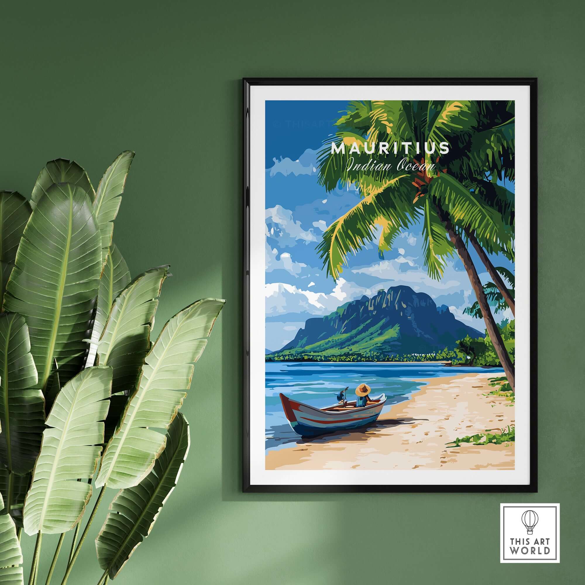 Mauritius Beach Wall Art Print featuring a serene beach scene with palm trees and a boat.
