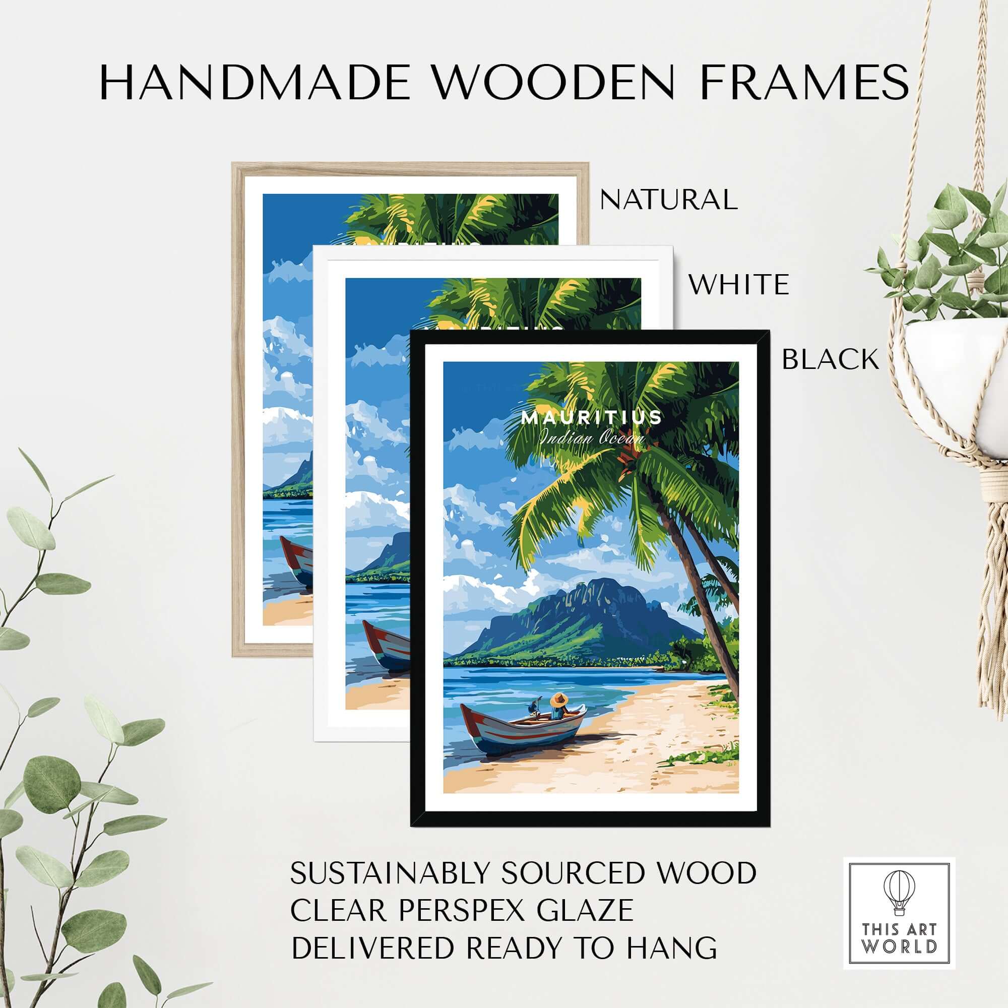 Handmade wooden frames for Mauritius Beach Wall Art Print in natural, white, and black colors.