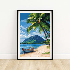 Mauritius Beach Wall Art Print featuring a boat, palm trees, and a scenic mountain backdrop.
