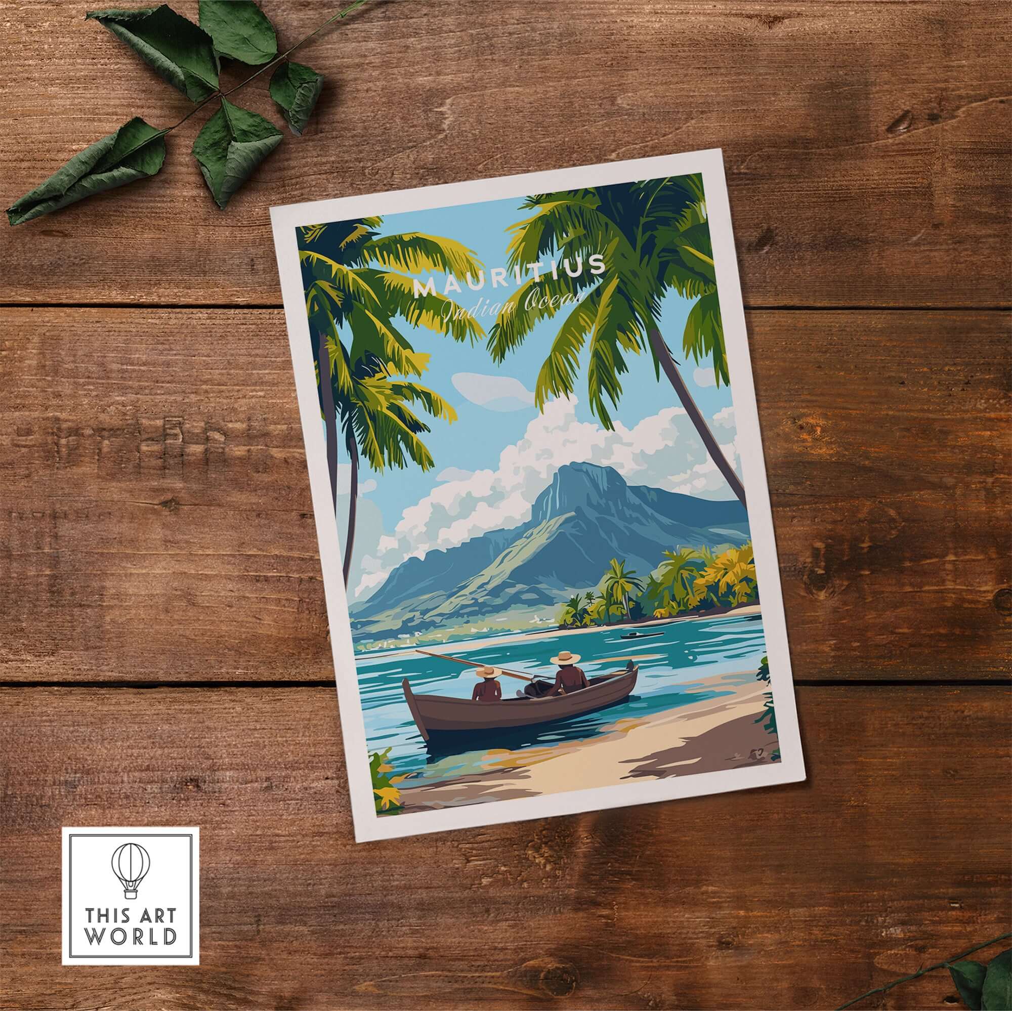 Mauritius Island Print for Home - Serene Tropical Escape Poster featuring a boat in tranquil waters surrounded by lush palm trees.