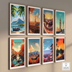 Mauritius Island Print for Home - Serene Tropical Escape Poster displayed in a gallery wall with various travel destination prints.