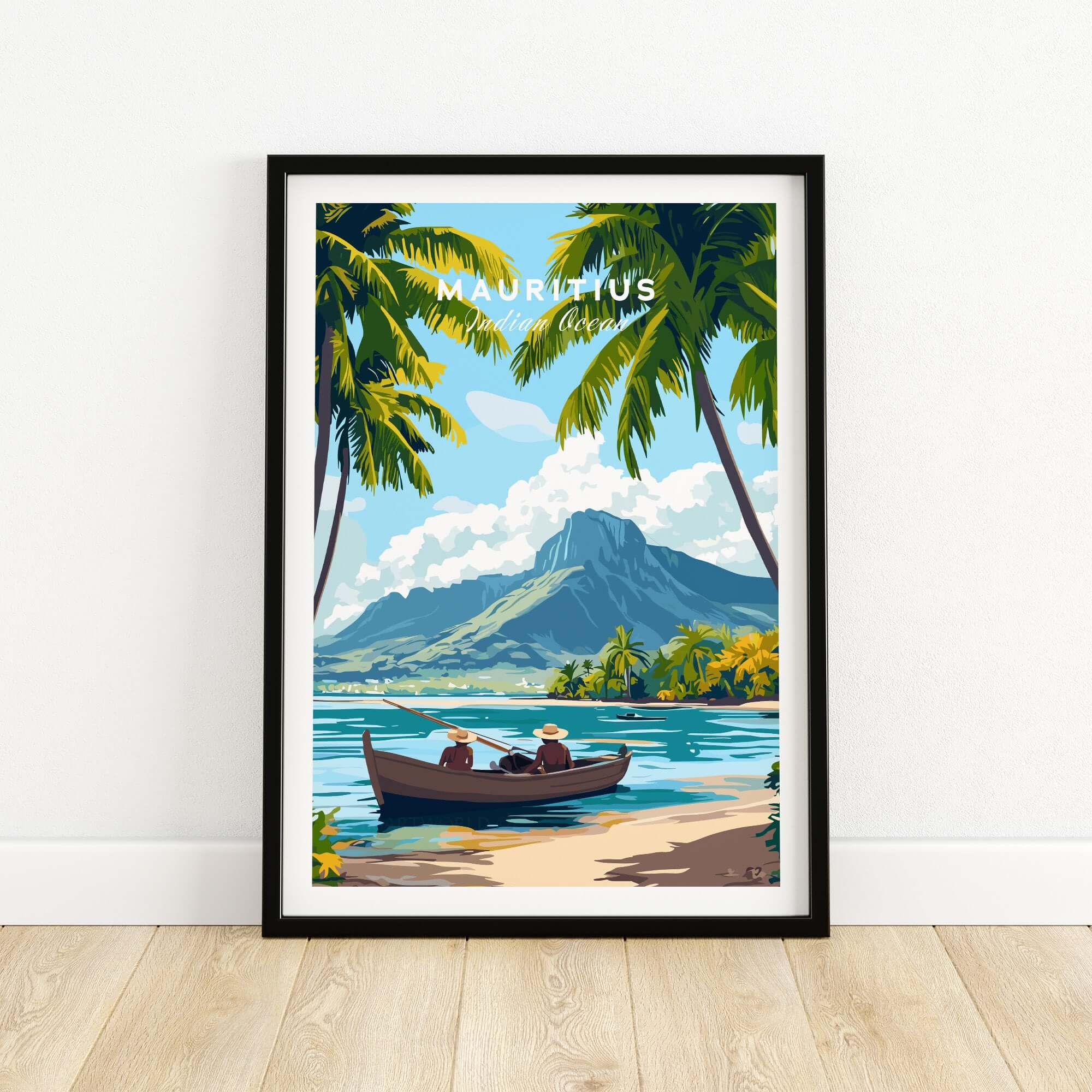 Mauritius Island Print for Home - Serene Tropical Escape Poster featuring a scenic boat view.